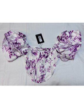 PrettyLittleThing Pink Floral Satin Corset Crop Top Puff Sleeve Lace-Up UK 8 / U